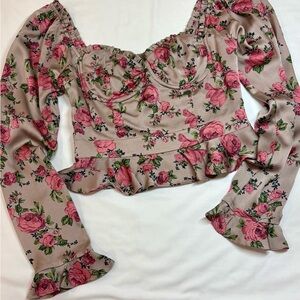 Astr Floral Taupe Polyester Satin Pink Floral Women's Blouse, Small, NWOT
